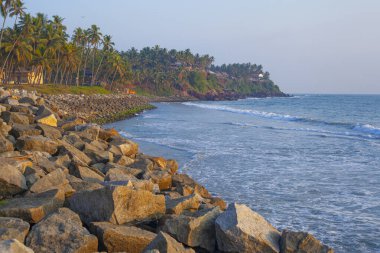 Varkala sahilinin çevresindeki güzel deniz ve palmiyeler, Kerala, Hindistan