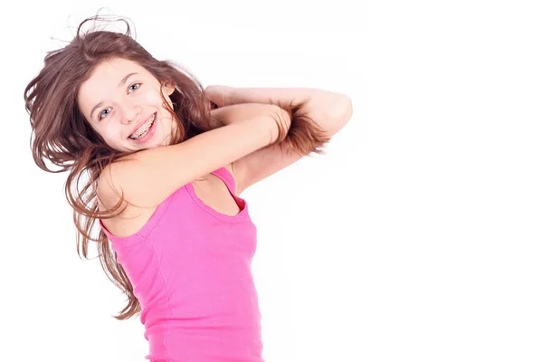 Menina Adolescente Bonita Com Suportes Dentes Branco — Fotografia de Stock