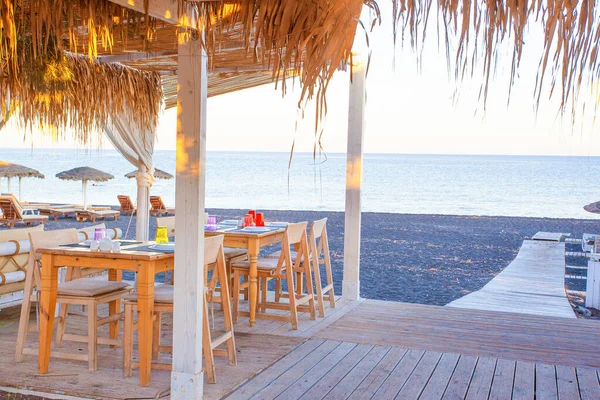 Tables Perissa Beach Cafe Santorini Island Greece — Stock Photo, Image