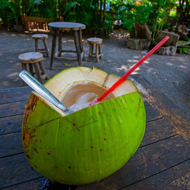 Endonezya 'daki kafede taze hindistan cevizi içmeye hazır.