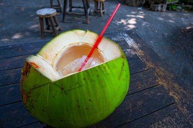 Endonezya 'daki kafede taze hindistan cevizi içmeye hazır.