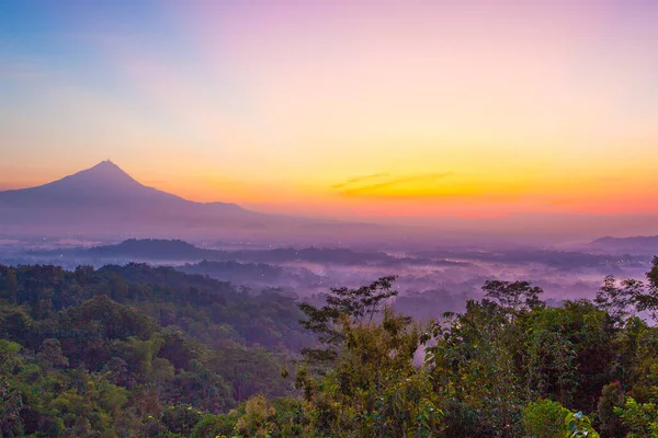 Vue Lever Soleil Sur Les Montagnes Les Collines Autour Borobudur — Photo
