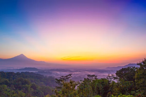 Vue Lever Soleil Sur Les Montagnes Les Collines Autour Borobudur — Photo