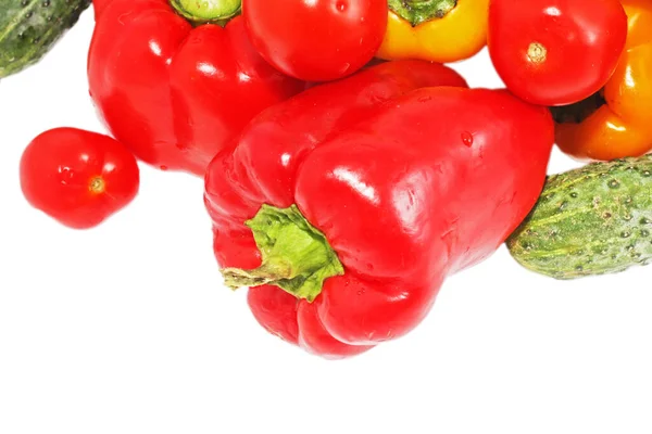 Taze Taze Sebzeler Kırmızı Biber Domates Salatalık — Stok fotoğraf