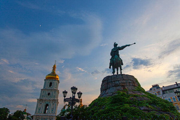 Ancient St. Sophia Cathedral and Bohdan Hmelnitskyi monument in the center of Kyiv, Ukraine