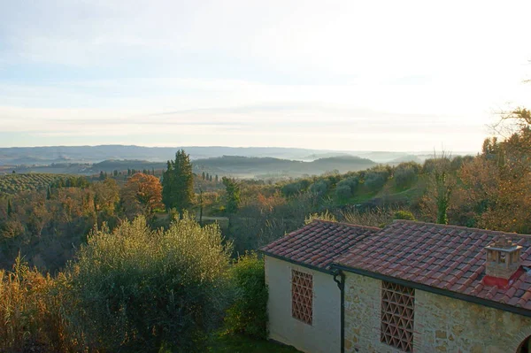 Groene Heuvels Met Mist Heurigen Toscane — Stockfoto