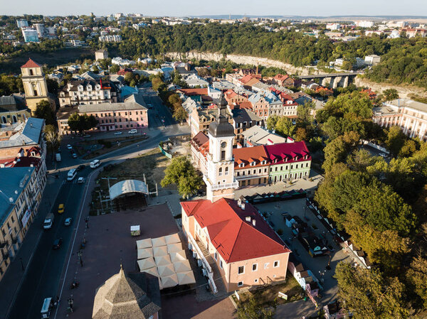 Kamianets-Podilskyi, Ukraine - AUGUST 31 2017: Aerial view of historic city of Kamianets-Podilskyi, Ukraine.