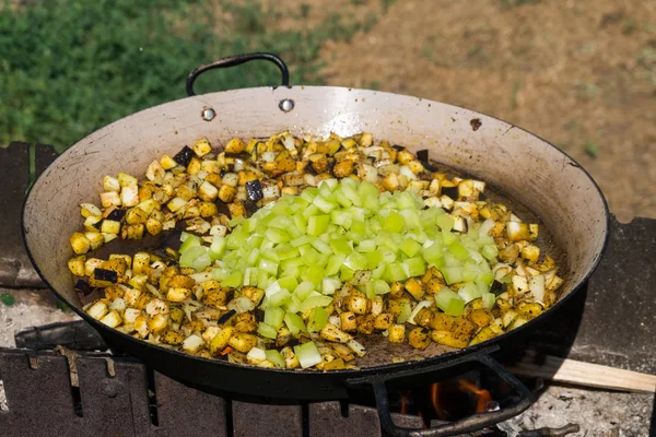 Proceso Cocción Paella Con Mejillones Cangrejos —  Fotos de Stock