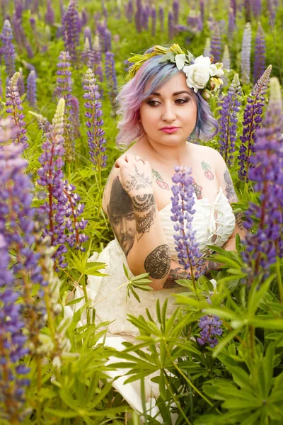 Portrait Sensual Attractive Tattoo Bride Multi Colored Hair Wreath Flowers — Stock Photo, Image