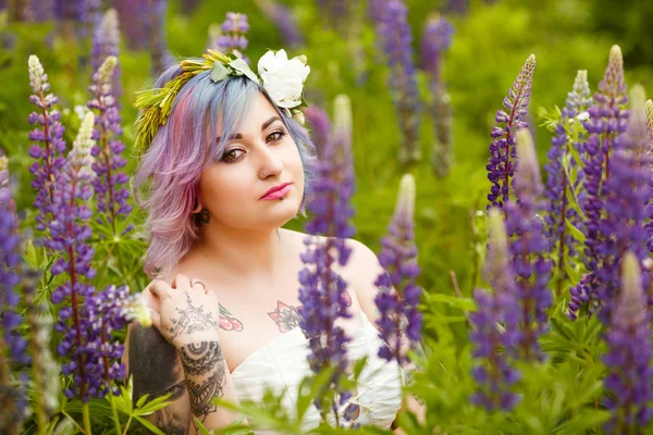 Portrait Sensual Attractive Tattoo Bride Multi Colored Hair Wreath Flowers — Stock Photo, Image