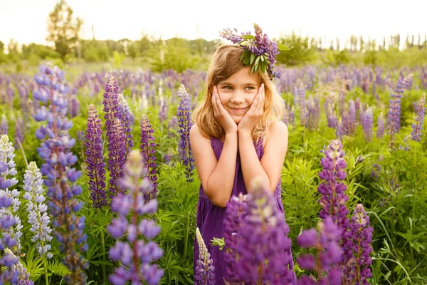 Beautiful Girl Smiling Violet Dress Wreath Lupines Blooming Lupines Field — Stock Photo, Image