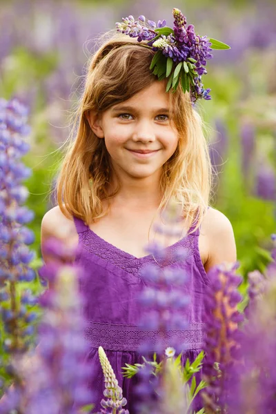 Beautiful Girl Smiling Violet Dress Wreath Lupines Blooming Lupines Field — Stock Photo, Image