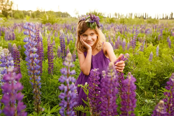 Beautiful Girl Smiling Violet Dress Wreath Lupines Blooming Lupines Field — Stock Photo, Image