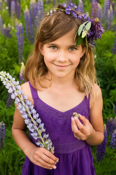 Beautiful Girl Smiling Violet Dress Wreath Lupines Blooming Lupines Field — Stock Photo, Image