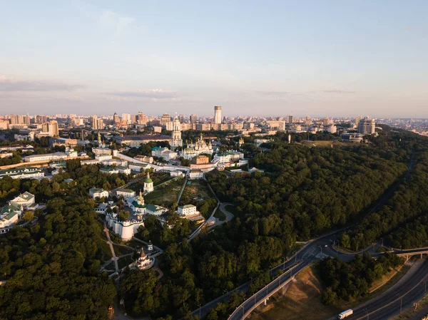 Aerial Top View Kiev Pechersk Lavra Churches Hills Cityscape Kyiv — Stock Photo, Image