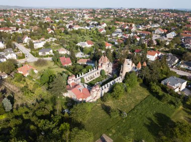 SZEKESFEHERVAR, HUNGARY - April 25, 2018: Aerial top view to Bory Var castle in the Szekesfehervar, Hungary clipart