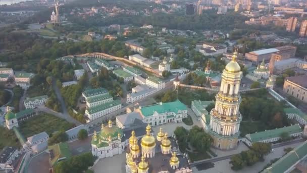 Flying Kiev Pechersk Lavra Churches Monastery Hills Dnieper Morning Sunrise — Stock Video