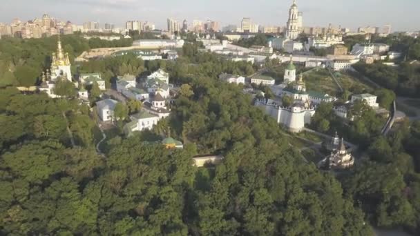 Flying Away Kiev Pechersk Lavra Churches Monastery Hills Dnieper Morning — Stock Video