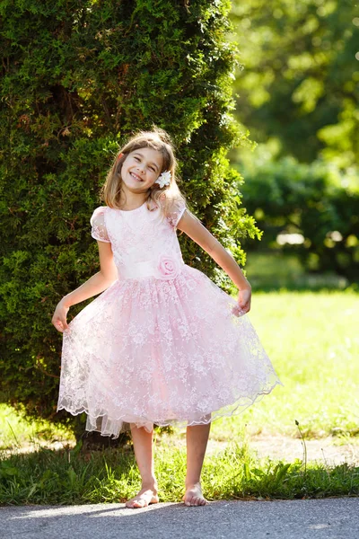 Portrait Cheerful Girl Lush Pink Dress Park Sunset — Stock Photo, Image