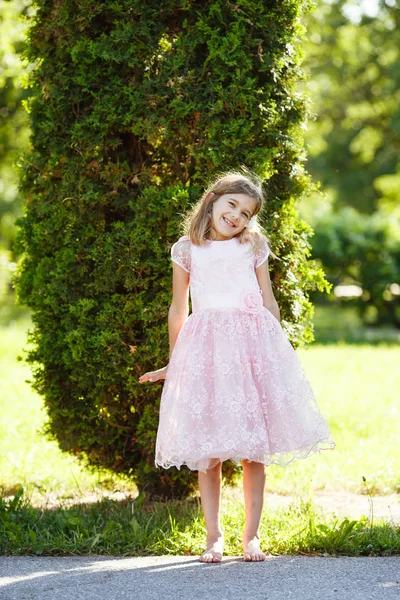 Portrait Cheerful Girl Lush Pink Dress Park Sunset — Stock Photo, Image