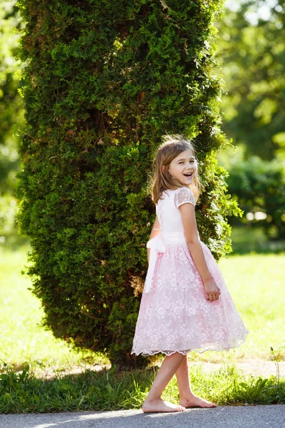 Portrait Cheerful Girl Lush Pink Dress Park Sunset — Stock Photo, Image