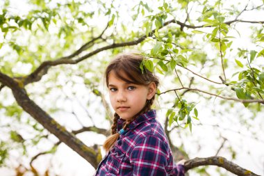 Pigtails ciddi bir kızla portresi bir ağaç dalı üzerinde duruyor