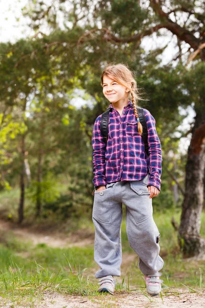 Little Girl Backpack Going Forest — Stock Photo, Image