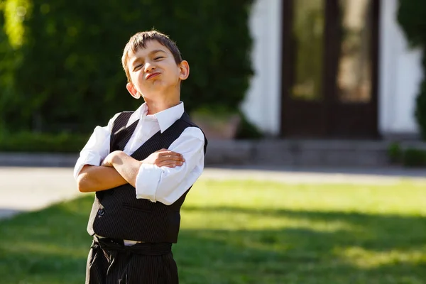 Cheerful Boy Fashionable Suit Green Grass Sunset — Stock Photo, Image