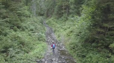 Ormanı geçerken sırt çantası ile orman Traveler kadınlarda hiking turist iz