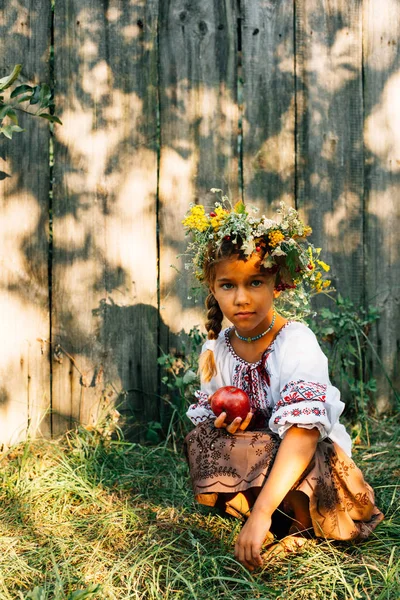 Retrato Uma Menina Uma Coroa Bordada Uma Coroa Viburno Pôr — Fotografia de Stock