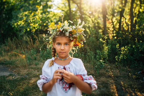 Portrait Une Fille Dans Une Couronne Brodée Une Couronne Viorne — Photo