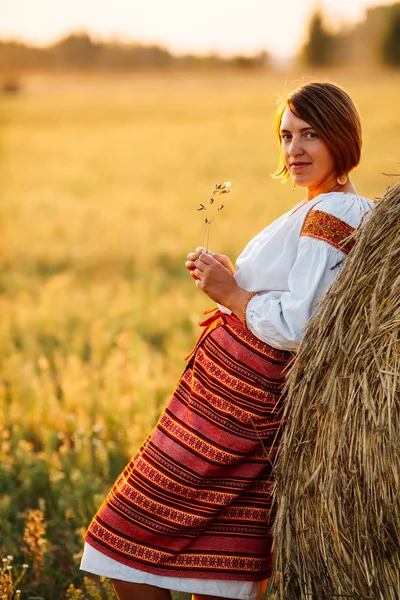 一个穿着刺绣服装的女孩在夕阳的背景下 乡村生活的观念 民族传统 — 图库照片