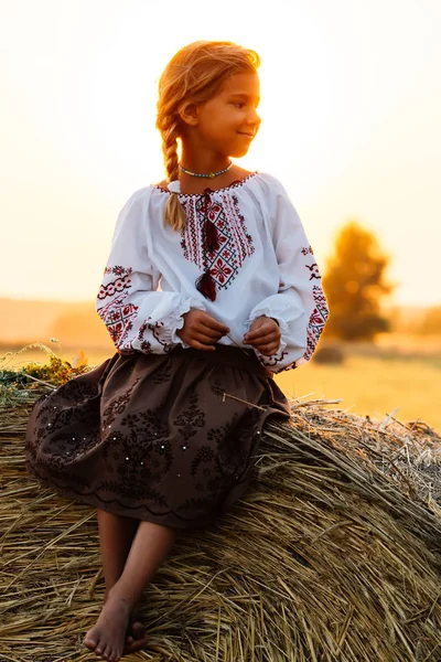 Lány Hímzett Ruhát Háttérben Lenyugvó Nap Vidéki Életmód Nemzeti Hagyományok — Stock Fotó