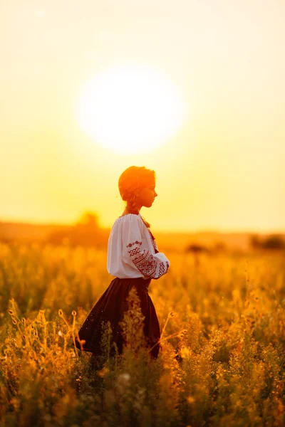 Uma Menina Roupas Bordadas Andando Longo Campo Fundo Pôr Sol — Fotografia de Stock
