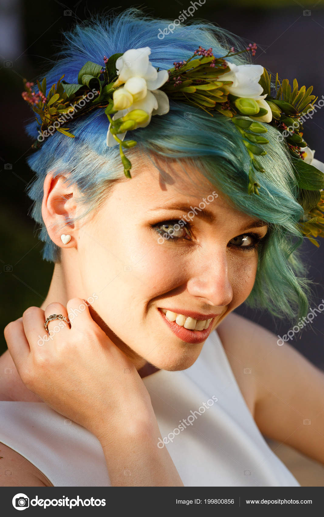 Portrait Beautiful Bride Blue Hair Wreath Real Flowers Wedding Day