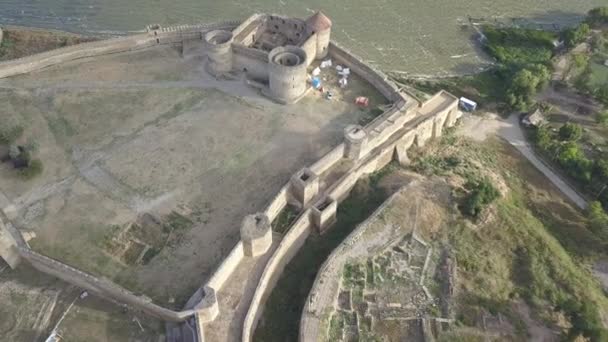 Översta Flygfoto Från Drone Gamla Fästningen Akkerman Som Ligger Stranden — Stockvideo