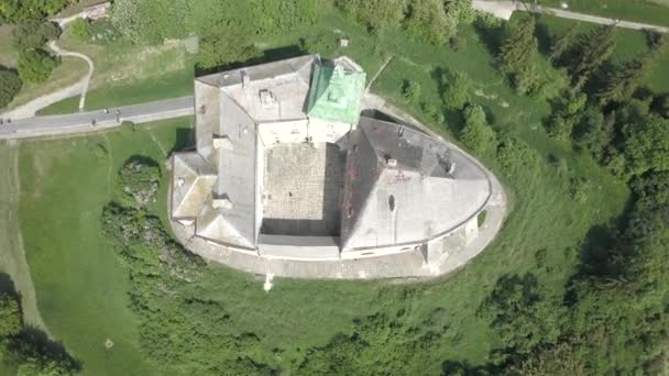 Luchtfoto Van Drone Naar Het Historische Kasteel Park Olesko Beroemde — Stockvideo