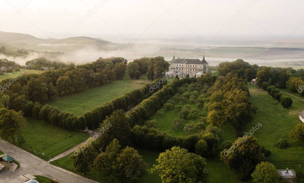 Aerial top view to famous ukranian sightseeing - Old palace castle in Pidhirci was build by Stanislav Koniecpolski, Lviv region, Ukraine