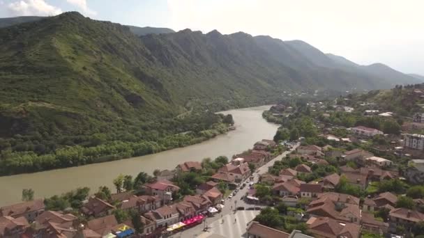 Vista Aérea Para Famosa Catedral Ortodoxa Svetitskhoveli Cidade Histórica Turística — Vídeo de Stock