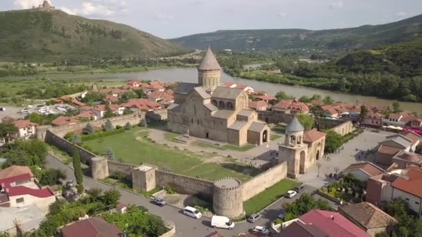 Aerial View Famous Svetitskhoveli Orthodox Cathedral Historical Touristic Town Mtskheta — Stock Video