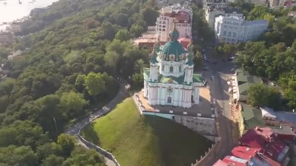 Famous Touristic Places Kyiv Aerial View Andrew Church Andriyivskyy Descent — Stock Video