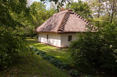 Kaniv - Ukrayna, 31 Mayıs 2009: Ünlü şair cobzar Kanev, Cherkassy region içinde Taras Şevçenko Ulusal Anıtı. Tipik köylü kil beyaz homestead 19 yaşında. Önden görünüm ve yeşil çim çim üzerinde metin için yer