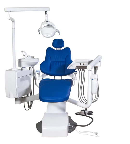 Σύγχρονη Ιατρική Ειδικός Εξοπλισμός Μπλε Καρέκλα Οδοντιάτρου Απομονώνονται Λευκό Φόντο — Φωτογραφία Αρχείου