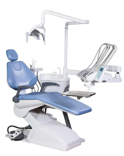 Equipamento Médico Moderno Especial Cadeira Dentista Azul Isolado Fundo Branco — Fotografia de Stock