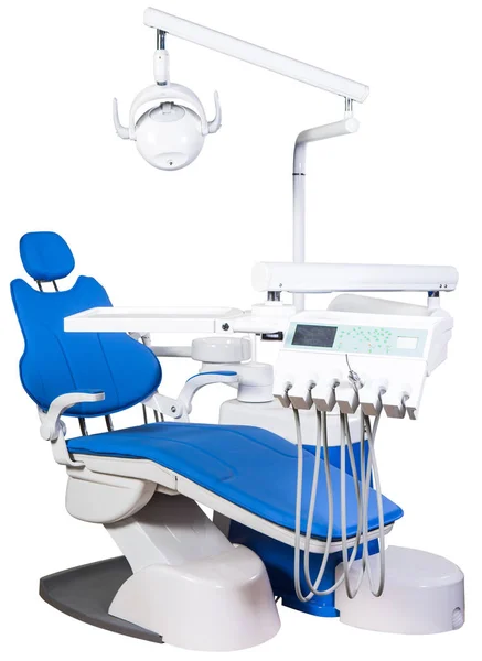 Σύγχρονη Ιατρική Ειδικός Εξοπλισμός Μπλε Καρέκλα Οδοντιάτρου Απομονώνονται Λευκό Φόντο — Φωτογραφία Αρχείου