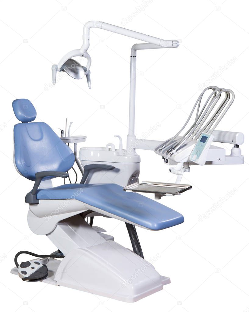 Modern medical special equipment - blue dentist chair isolated on white background