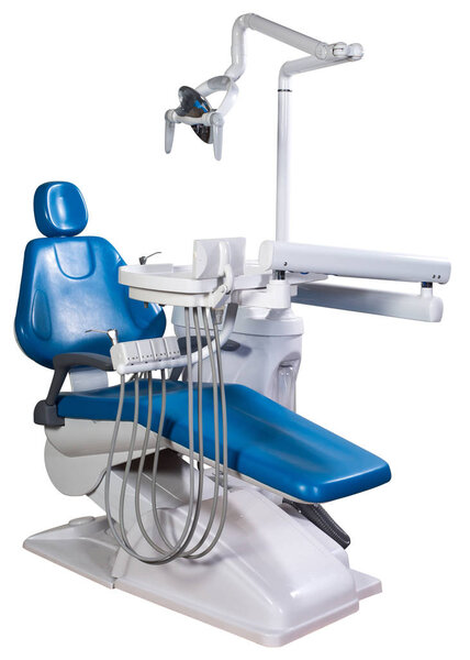 Modern medical special equipment - blue dentist chair isolated on white background