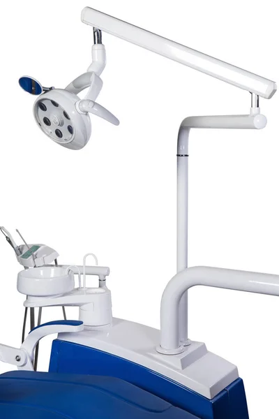Equipamento Médico Moderno Especial Cadeira Dentista Azul Isolado Fundo Branco — Fotografia de Stock