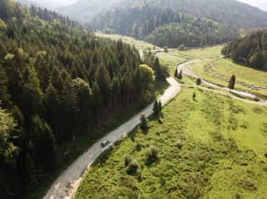 Dağların tepesinden çekilen orman ve dağlarla dolu güzel bir hava manzarası.