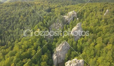 Dovbush kayalarda Bubnyshche - efsanevi bir yer, güzel doğal ormanları, turist ve gezginler Doğu Avrupa ve Ukrayna ile popüler ortasında fantastik kayalar eski mağara manastırda için havadan görünümü